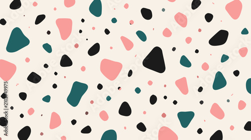 Modern terrazzo seamless pattern vector with pink, teal and black stone chips on warm cream background, playful speckled surface for wallpaper, packaging, stationery and textile design