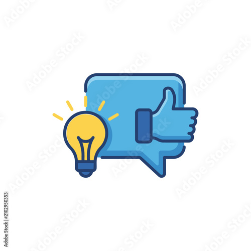 Creative idea icon with lightbulb and like thumb.