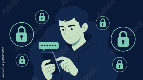 Cautious young man entering a hidden password on a smartphone amid glowing lock icons, dark navy vector illustration for cybersecurity, privacy protection, secure login, identity and mobile safety
