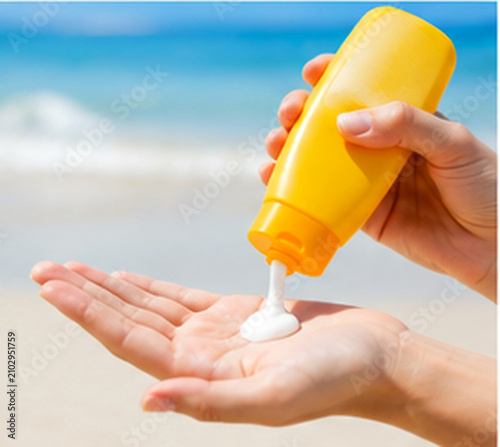 Applying sunscreen outdoors on a sunny summer day
