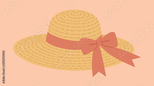 Elegant woven straw sun hat vector illustration on soft peach background, wide brim with coral ribbon bow, breezy summer fashion accessory for beach vacations and stylish seasonal design