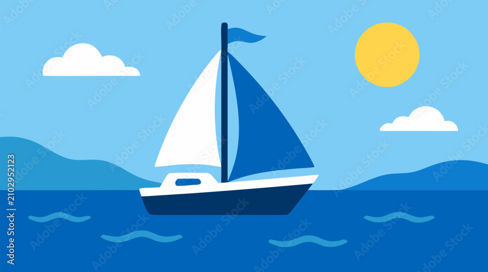 Naklejka premium Breezy vector sailboat gliding on calm blue water beneath bright sun and soft clouds, serene coastal travel illustration for summer vacation, nautical posters, marina branding, and leisure graphics