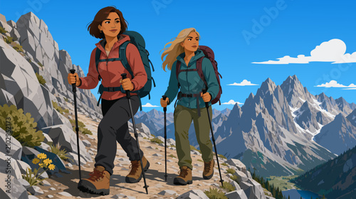 Women hikers with backpacks and trekking poles climb a rocky alpine trail above a blue lake, jagged peaks, crisp sky, sturdy boots and empowering outdoor adventure vector landscape