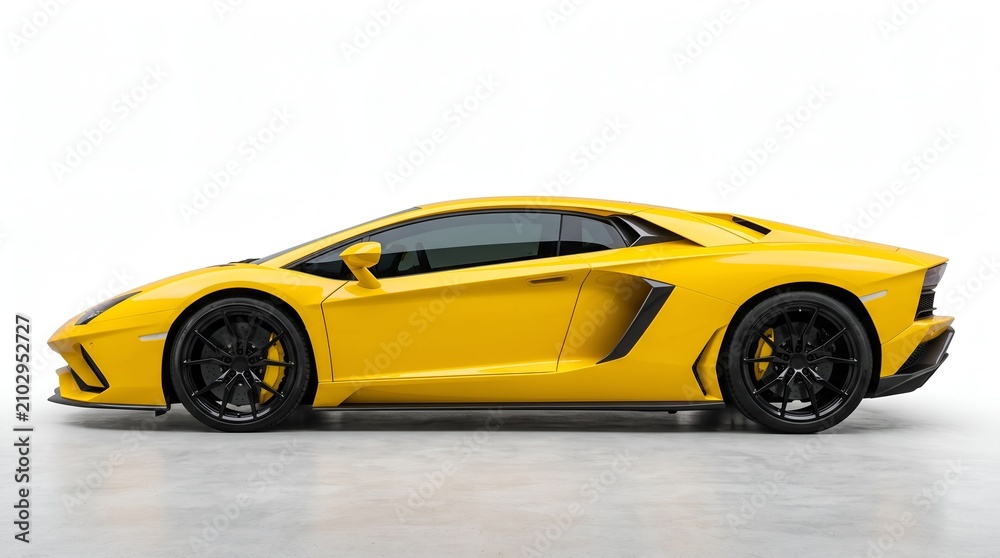 Naklejka premium Modern Yellow Luxury Supercar Side View Profile Isolated on Plain White Background