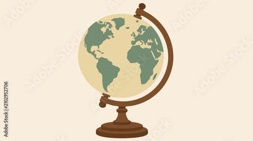 Vintage classroom globe on a warm wooden stand with unlabeled continents, soft scholarly colors and clean flat vector style for geography, education, travel planning, history and discovery themes