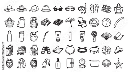 Fotografie a collection of exactly 50 unique hand drawn summer accessories
