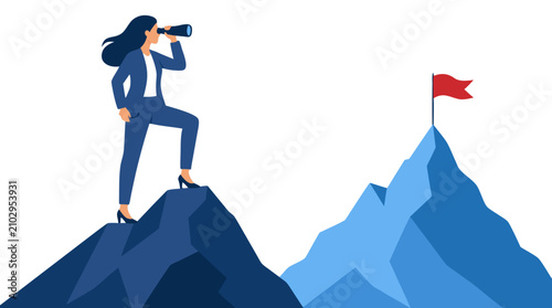 Businesswoman Standing on Mountain Peak with Binoculars Looking Toward Success Flag, Visionary Leadership and Goal Achievement, Corporate Ambition, Strategic Planning, Flat Vector Illustration