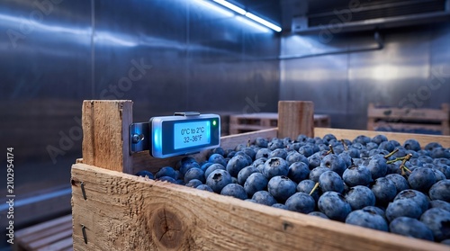 Fresh Blueberries in Wooden Crate with Smart Temperature Monitoring Sensor in Refrigerated Cold Storage Warehouse