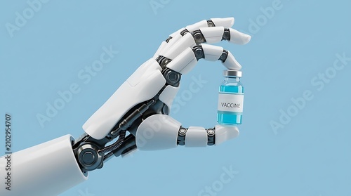 Robotic hand holding a blue glass vial of covid 19 vaccine against a soft blue studio background
