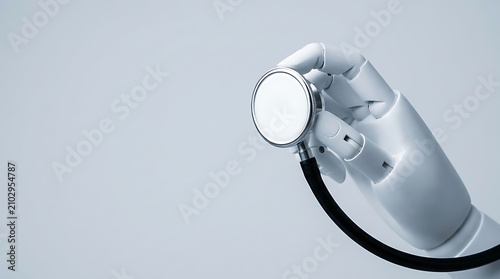 Robotic hand holding a medical stethoscope for digital health and artificial intelligence concept