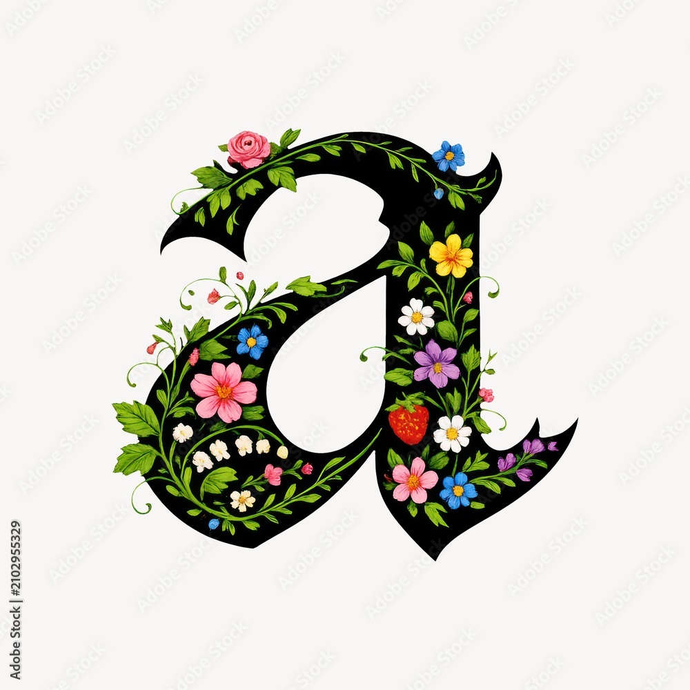 Obraz premium Ornate letter 'a' adorned with colorful flowers and green leaves.