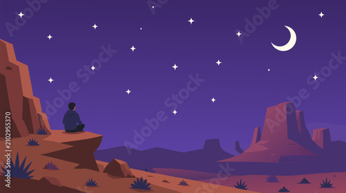 Rocky desert plateau beneath a purple star filled night sky, lone traveler gazing at crescent moon, mesas and canyon silhouettes creating a tranquil vector wilderness landscape for adventure posters