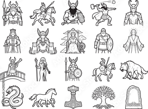 A collection of Norse mythology figures and symbols in a graphic illustration style, featuring Odin, Thor, Freya, Yggdrasil, Mjolnir, and other iconic representations.