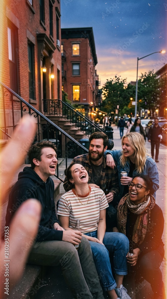 Obraz premium Friends laughing on a city stoop