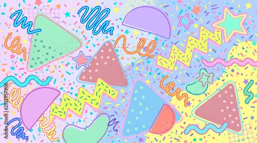 Pastel Retro Memphis Abstract Geometric Pattern Background With Confetti Shapes, Playful Squiggles And Modern Decorative Design