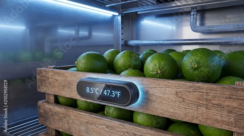 Fresh Limes in Wooden Crate with Digital Temperature Monitoring Sensor in Refrigerated Cold Storage Warehouse