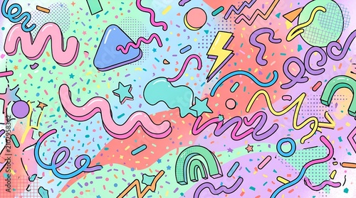 Pastel Retro Memphis Abstract Geometric Pattern Background With Confetti Shapes, Playful Squiggles And Modern Decorative Design