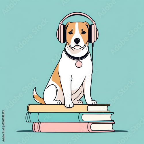 A cute cartoon illustration featuring a white puppy sitting happily on a stack of three books (pink and green). The puppy is wearing pink over-ear headphones and a matching collar with a heart tag. Be