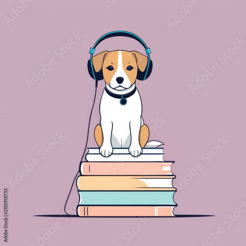 A cute cartoon illustration featuring a white puppy sitting happily on a stack of three books (pink and green). The puppy is wearing pink over-ear headphones and a matching collar with a heart tag. Be