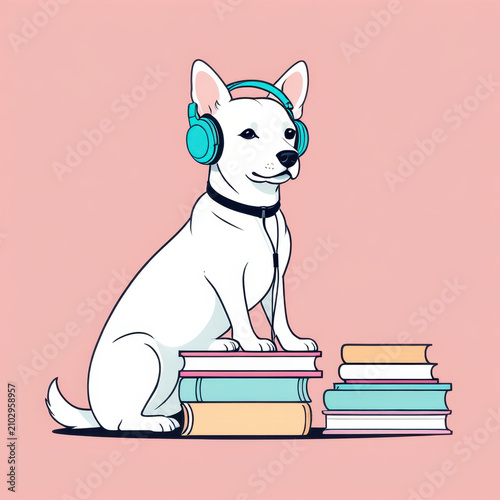 A cute cartoon illustration featuring a white puppy sitting happily on a stack of three books (pink and green). The puppy is wearing pink over-ear headphones and a matching collar with a heart tag. Be