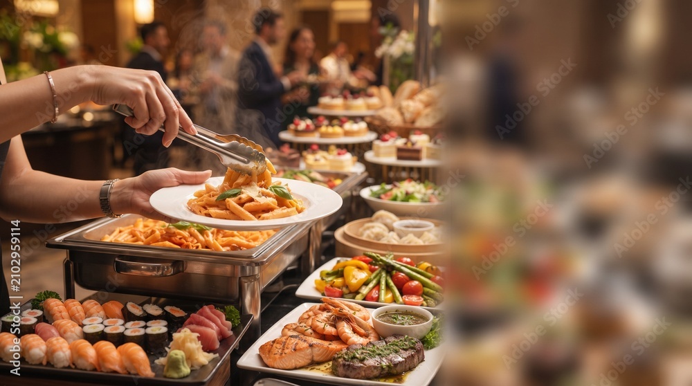 Obraz premium Gourmet catering buffet with elegant food platters. Luxury event spread featuring premium dishes and appetizers for guests.