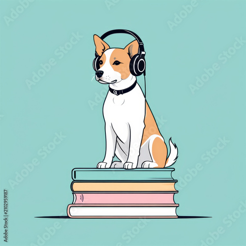 A cute cartoon illustration featuring a white puppy sitting happily on a stack of three books (pink and green). The puppy is wearing pink over-ear headphones and a matching collar with a heart tag. Be