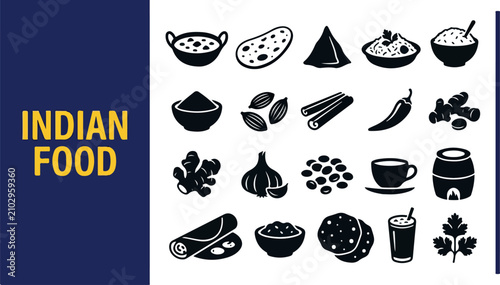 Set of vector icons depicting traditional Indian culinary ingredients and authentic food dishes for menu design and gastronomy projects