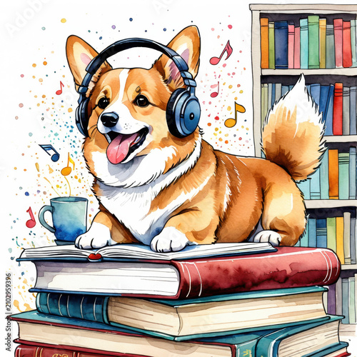 A cute cartoon illustration featuring a white puppy sitting happily on a stack of three books (pink and green). The puppy is wearing pink over-ear headphones and a matching collar with a heart tag. Be