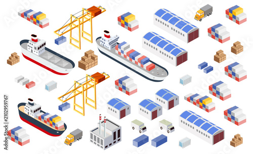Global logistics and shipping supply chain isometric elements