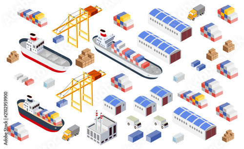 Global logistics and shipping supply chain isometric elements