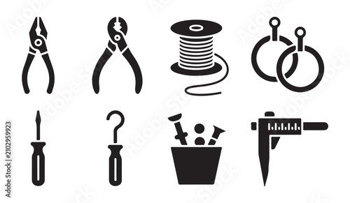 Obraz na płótnie Set of jewelry industry repair tools measuring instruments and spool of wire icons flat