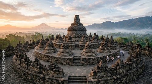 Borobudur Temple at sunrise Indonesia landscape.