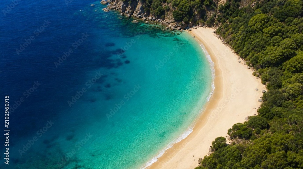 Obraz premium Aerial view of a secluded crescent beach with turquoise water, golden sand, rocky headlands and dense green forest, ideal for luxury travel or nature tourism promotion.