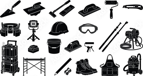 Set of professional construction, painting, and renovation tool icons featuring essential equipment for building maintenance