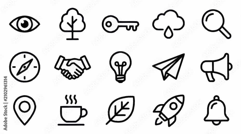 Fototapeta premium Minimalist black line icons set for various concepts.