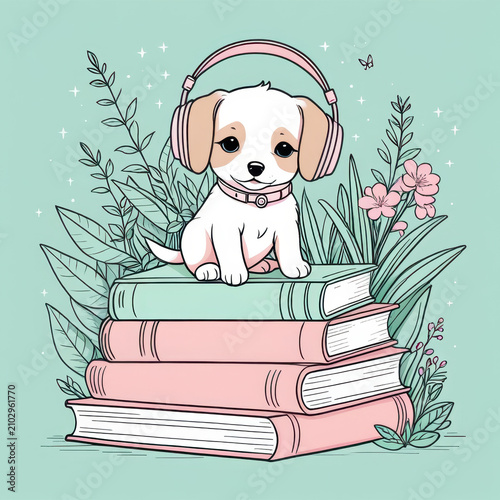 A cute cartoon illustration featuring a white puppy sitting happily on a stack of three books (pink and green). The puppy is wearing pink over-ear headphones and a matching collar with a heart tag. Be