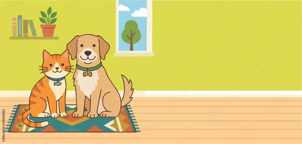 Fototapeta premium Friendly Dog and Cat Sitting Together at Home Illustration