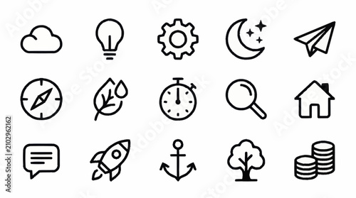 Minimalist black and white icon set for design projects.