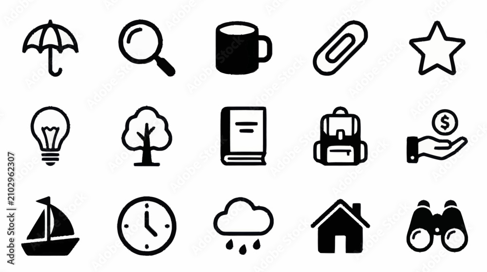 Fototapeta premium Collection of black and white icons for various themes.