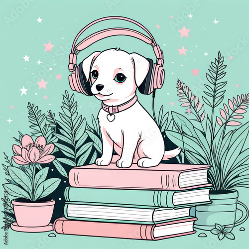 A cute cartoon illustration featuring a white puppy sitting happily on a stack of three books (pink and green). The puppy is wearing pink over-ear headphones and a matching collar with a heart tag. Be