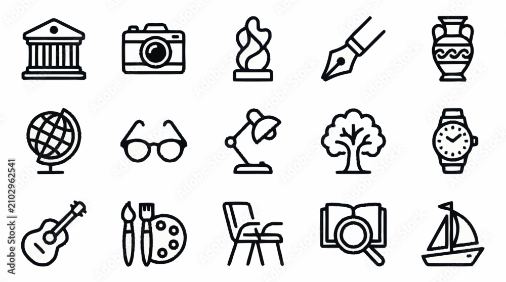 Fototapeta premium Collection of black line art icons representing various themes.