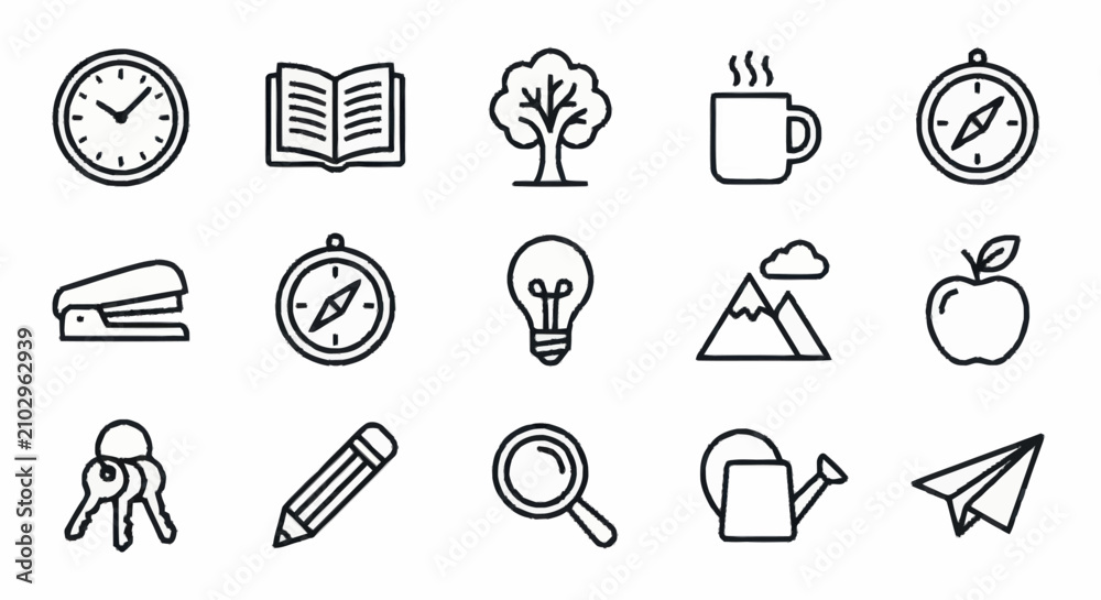 Fototapeta premium Collection of sixteen black line icons for various concepts.