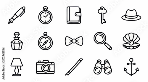 Collection of black line icons representing various objects.