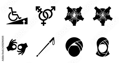 Diversity and inclusion icons set, 8 black vector symbols, accessibility and equality signs for web design