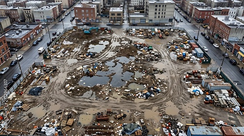 Aerial view of urban demolition site.