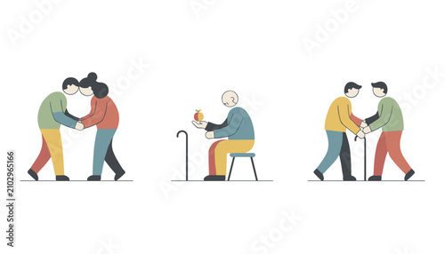 Caring for elderly people illustrations showing young volunteers supporting and helping senior citizens in daily life activities.