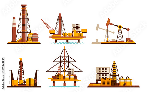 Professional petroleum drilling rigs with industrial well structures. Oil extraction machinery and refinery technology. Vector offshore platform and fuel pipeline, mining and engineering system