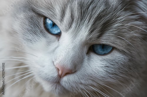 Close-up extreme detail of a fluffy cat's piercing blue eye and whiskers