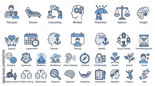 Mental Health and Therapy Icons: Psychology, Counseling, Support, Growth