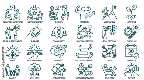 Mental Health Support Icons: Therapy, Wellness, Recovery, and Growth